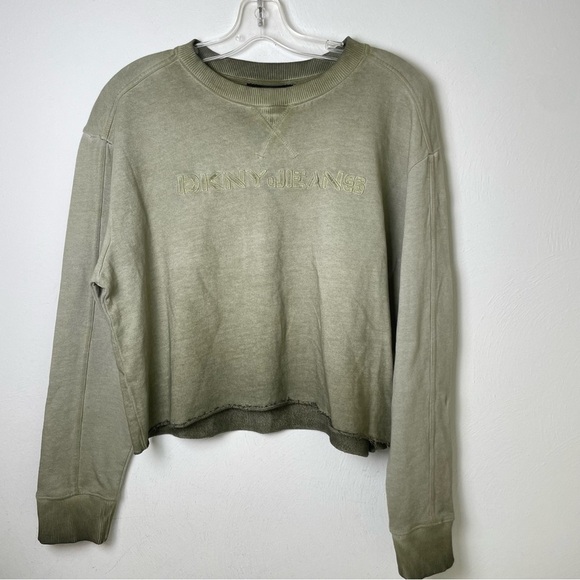 DKNY Cropped Ombré Distressed Raw Hem Pullover Sweatshirt Top Army Green NWT M - Picture 1 of 16